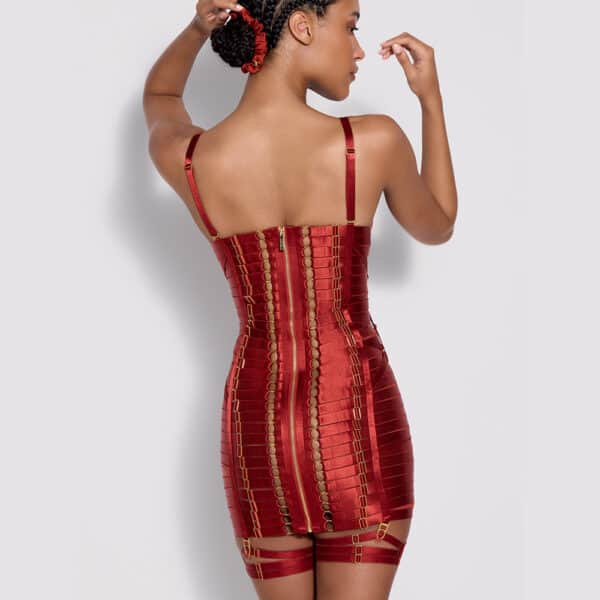 bondage inspired dress in red with gold metallic details and garters