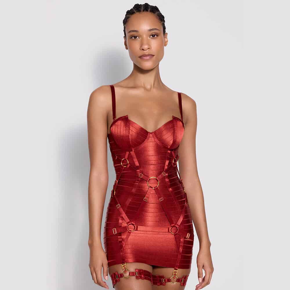 Bondage-inspiriertes Kleid in Rot mit Strumpfbändern