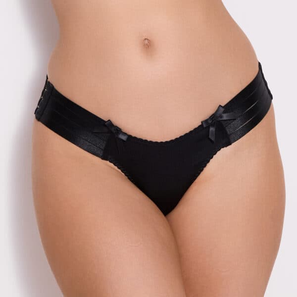 Black thong of the brand bordelle adjustable thanks to the elastics on the side