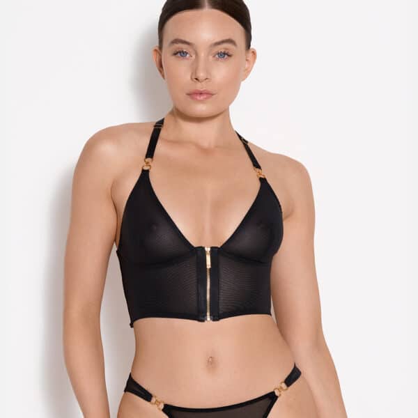 Front view of a black lingerie set, the bra has a corset and gold zipper on top.