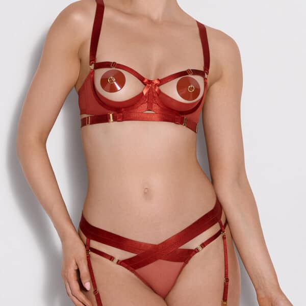 Signature lingerie set with red nippies and a small papillon in the center