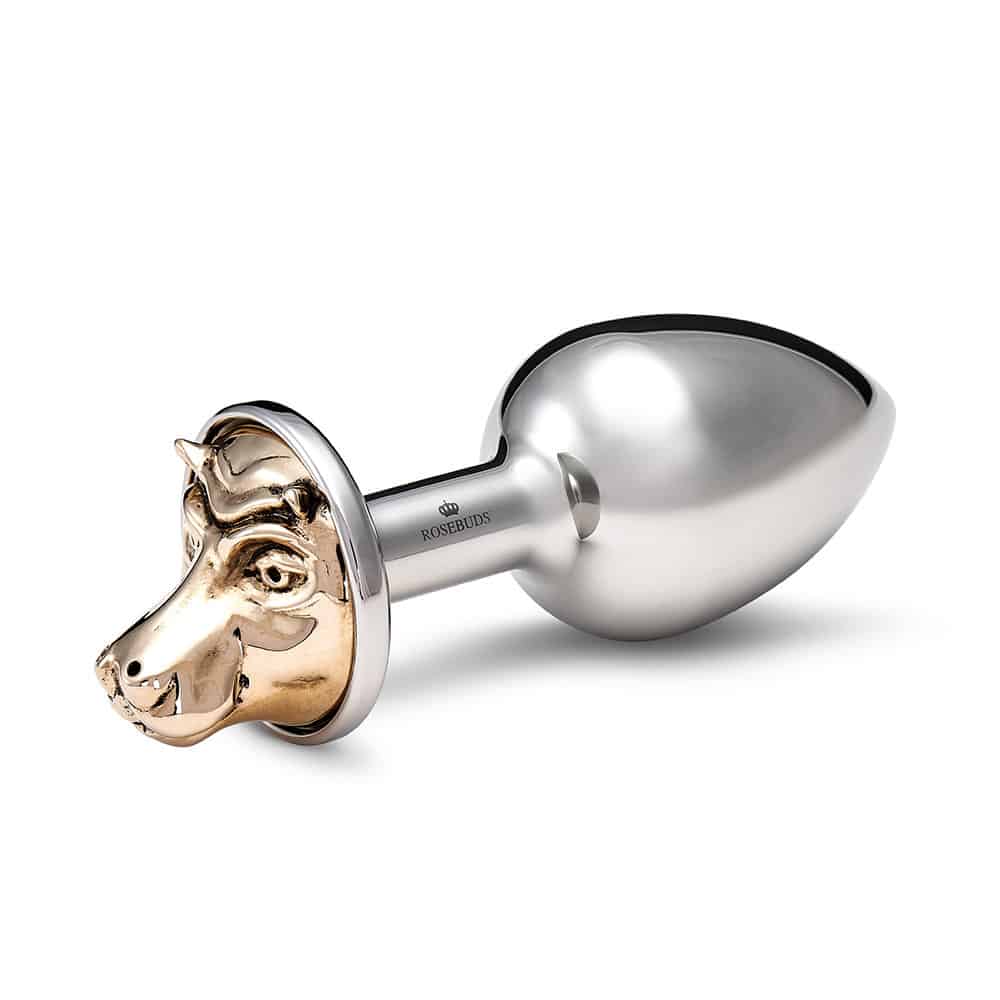 Accessory anal plug in silver bronze and hippopotamus head decoration in gold.