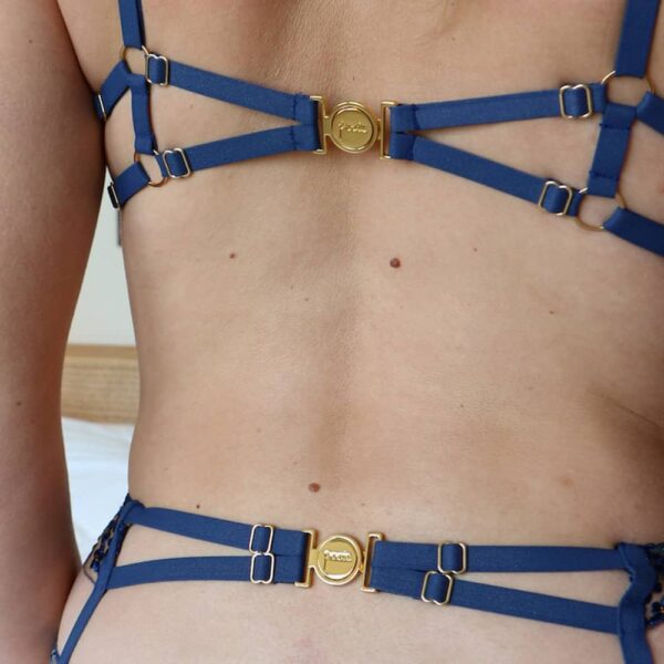bra and a blue suspender belt with a golden metal clasp.