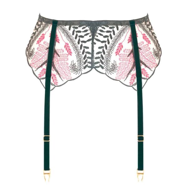 Green suspender belt with tulle embroidered in green and pink