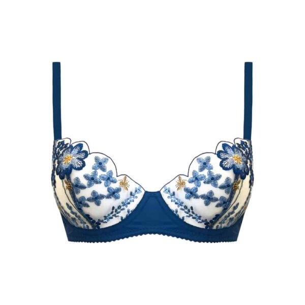 Navy blue bra with yellow embroidered tulle details