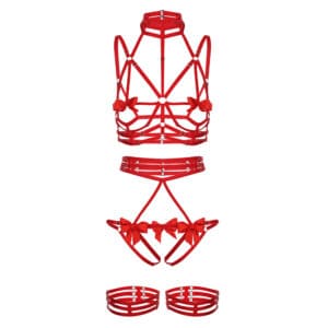 Rotes Dessous-Set mit verstellbarem Harness, mit schönen Bandnotizen an den Brustwarzen und langen roten Handschuhen