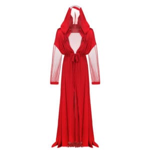 Ein Kleid, das wie ein langer roter Umhang aussieht, der mit einem Hut bis zum Boden reicht. Die Mitte des Kleides ist offen und in der Mitte befindet sich eine Schleife mit einem Faden.Der Teil der Hände ist durchsichtig