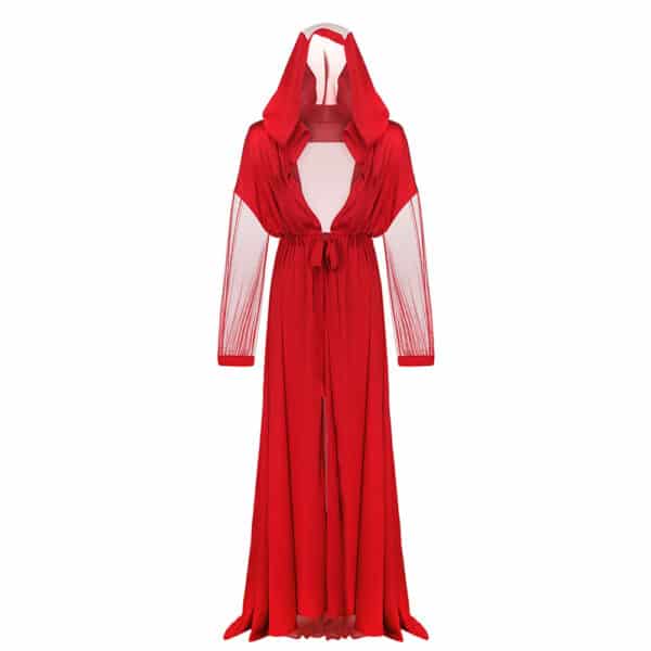 Une robe qui ressemble à une longue cape rouge qui atteint le sol avec un chapeau. Le centre de la robe est ouvert et il y a un nœud au milieu avec un fil.La partie des mains est transparente