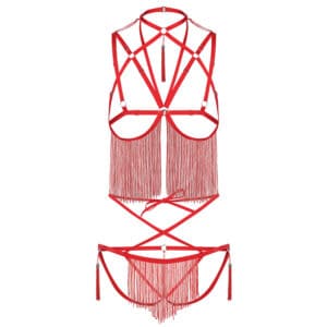 red harness combined with multiple straps and bangs connects to panties and bra