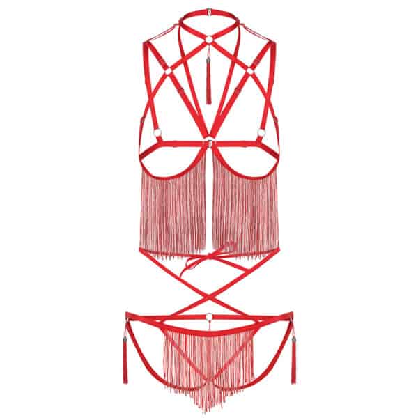 harnais rouge combiné à plusieurs bretelle est des franges connecte a les panties et au soutien-gorge