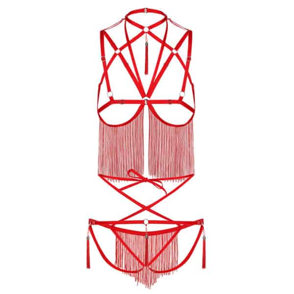 red harness combined with multiple straps and bangs connects to panties and bra