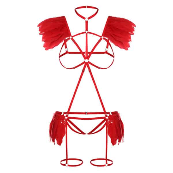 A Harness made up of numerous red stripes along the body, with connections at the neck and hips with open underwear and bra and with feathers attached to the sides.