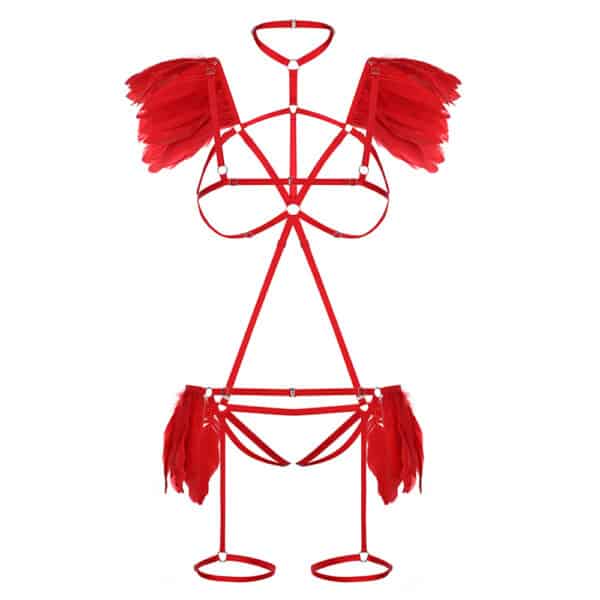 A Harness made up of numerous red stripes along the body, with connections at the neck and hips with open underwear and bra and with feathers attached to the sides.