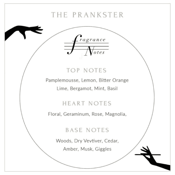 Description of the Prankster candle with grapefruit, lemon, bitter orange lime, bergamot, mint and basil.