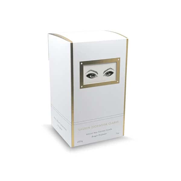 Packaging boite blanche avec rayures dorés avec yeux de la bougie en porcelaine qui dépassent