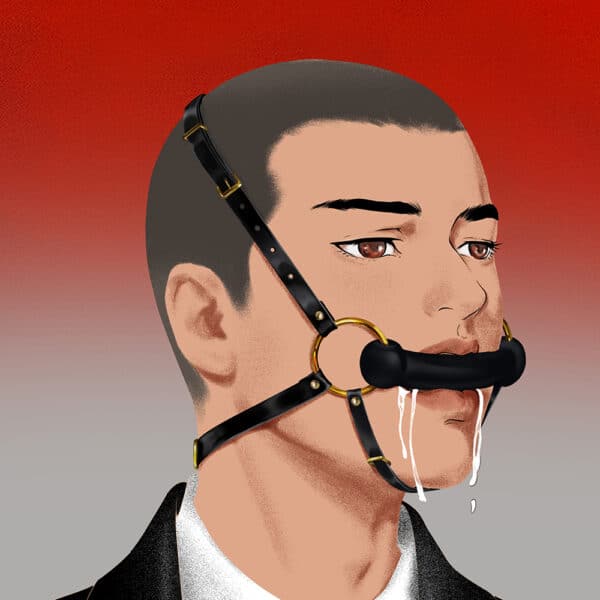 In this warm-toned drawing, a man is shown dressed in a black and white suit, drooling and sporting an adjustable headrest harness and a black leather gag adorned with gold rings and chains.