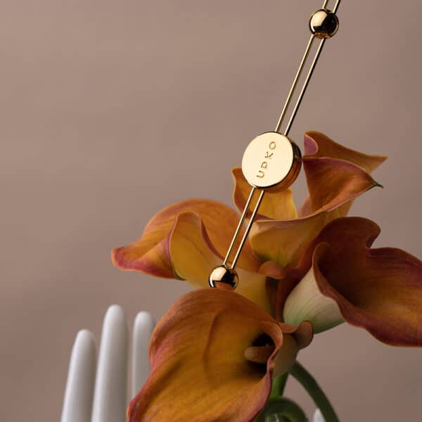 Photograph on a brown background featuring a golden nipple bar on an orange flower.