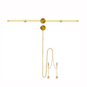 Photo on white background showing a nipple clamp bar with gold-colored clitoral chain.