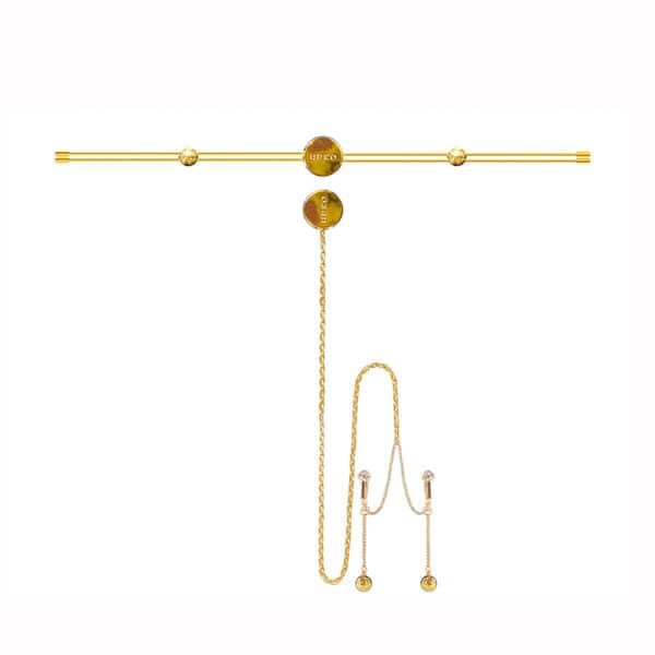 Photo on white background showing a nipple clamp bar with gold-colored clitoral chain.