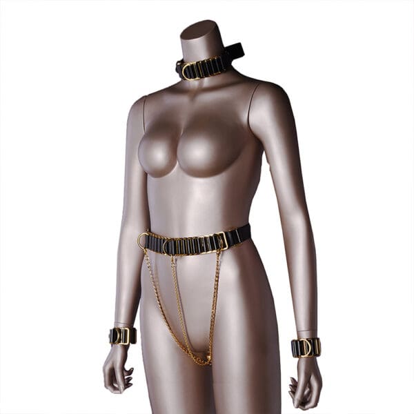 Imagen del conjunto completo Indulge in the rEstraints. Se pueden ver todos los accesorios del conjunto, el cinturón y las cadenas. Las esposas y el collar, sobre fondo blanco.