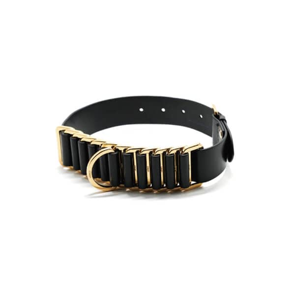 White background photograph of a black bracelet with gold details.