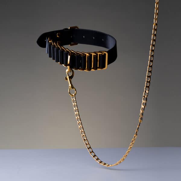 Fotografie auf grauem Hintergrund, die eine schwarze Halskette mit goldenen Details zeigt, die mit einer goldenen Kette verbunden ist.