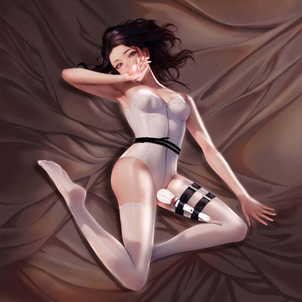 Drawing of a woman lying on her back on a bed. She is wearing a white strapless bodysuit with white lace stockings and a black harness with a vibrator.