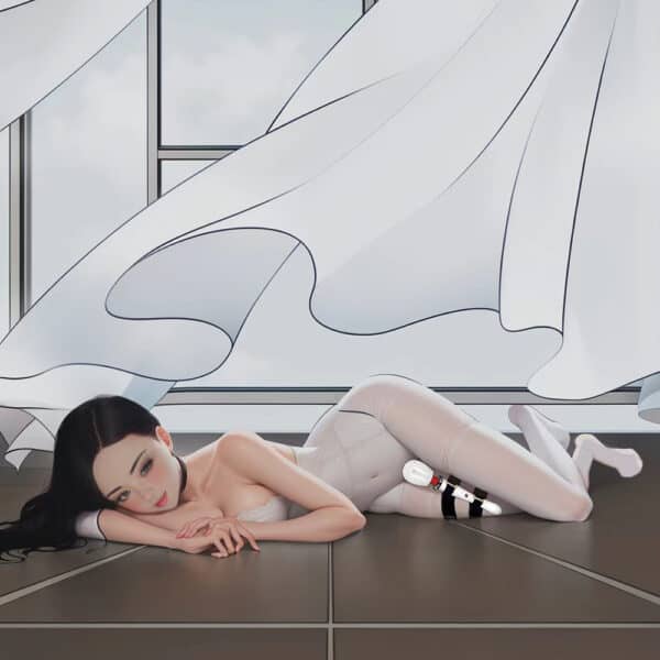 Drawing of a woman lying on her side on the floor. She is wearing a white strapless bodysuit with white lace stockings. Around her leg is a harness with a vibrator attached.