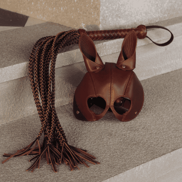 Masque de cheval pour homme soumis de cuir marron avec fouet posés sur des escaliers