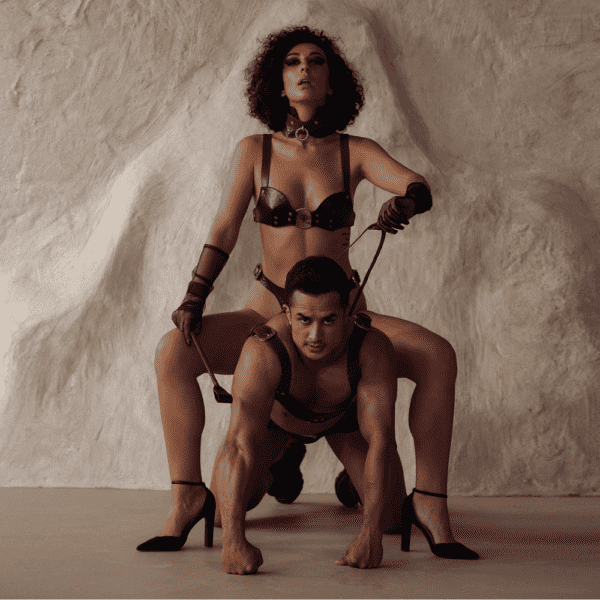 Photograph of a woman and a man wearing brown leather lingerie. The woman is sitting on the back of the man, who is on all fours. The woman is wearing a brown leather bra, black mesh gloves and a riding crop in her hand. The man is wearing a brown leather harness.