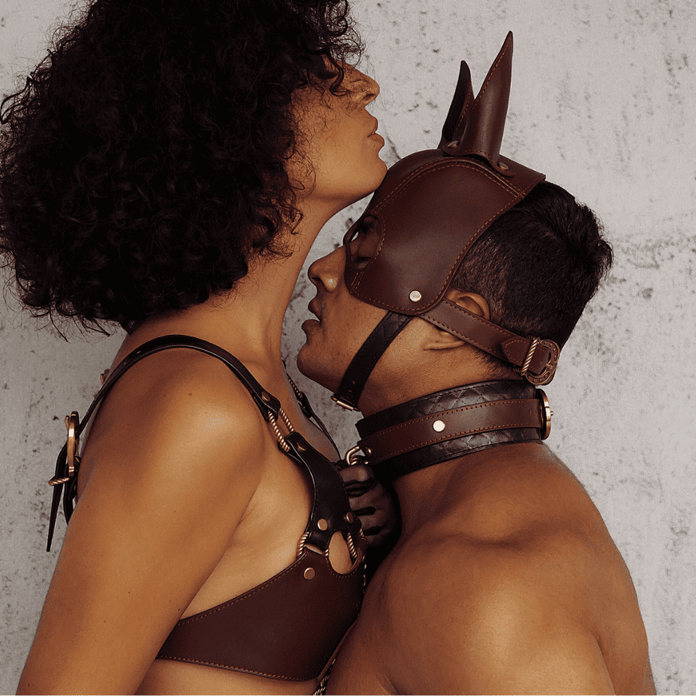 Photograph of a man and a woman, wearing brown leather lingerie and accessories. The woman is holding the man on a leash.