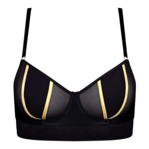 Image of a black sheer bra with gold details.
