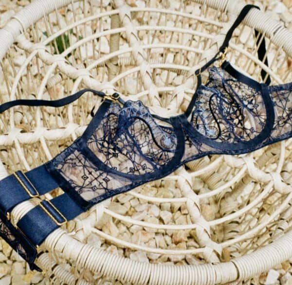 Photograph of a bra in navy blue and lace with elastic and gold details on a wicker table.