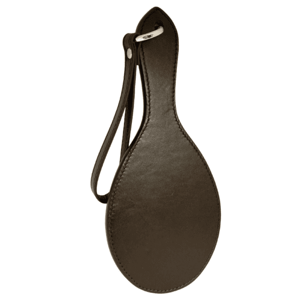 Photograph on white background of Paddle Fessée Chocolate-colored leather with gold details