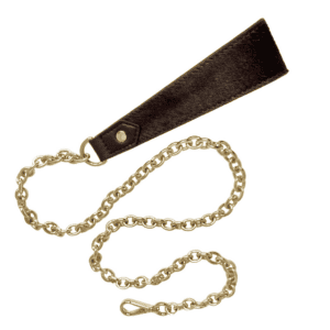 White background photo of the Pony Chocolate Leather Lead with gold chain
