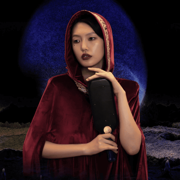 Black background photograph of a female witch holding a black baked paddle in her hand, wearing a red cape and gold embroidery.