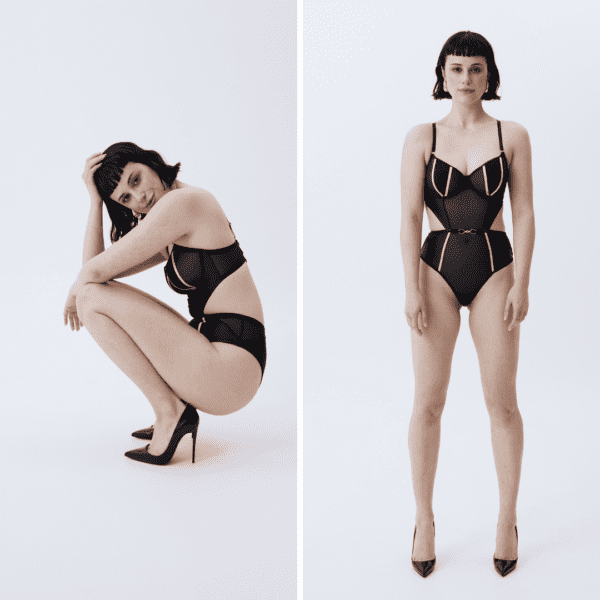 Seated and standing woman wearing the Bold bodysuit by Vixen & Fox, matched with black heels.