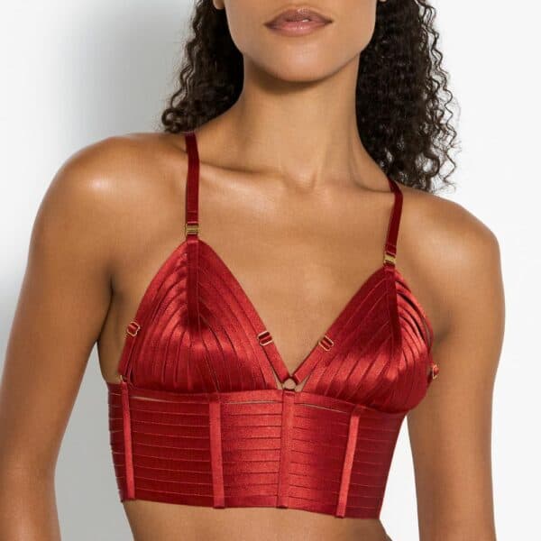 Detailaufnahme eines Fotos einer Frontfrau, die ein rotes Crop-Top trägt.