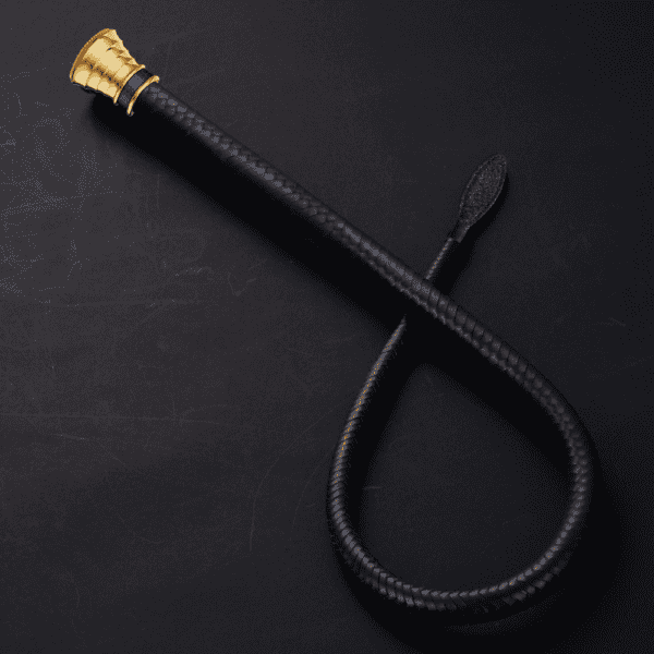 Woven black leather whip with gold handle and exotic leather details.