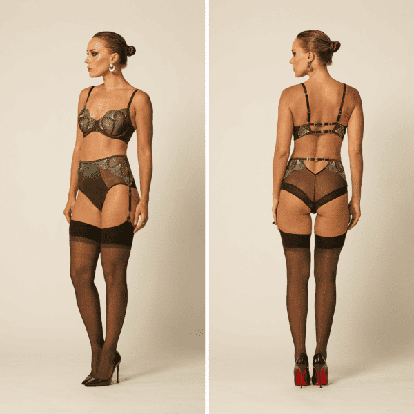 Woman standing front and back wearing Vixen & Fox Monarchy bra and Monarchy high-waisted panties, matched with black stockings and pumps. Peacock-inspired collection.