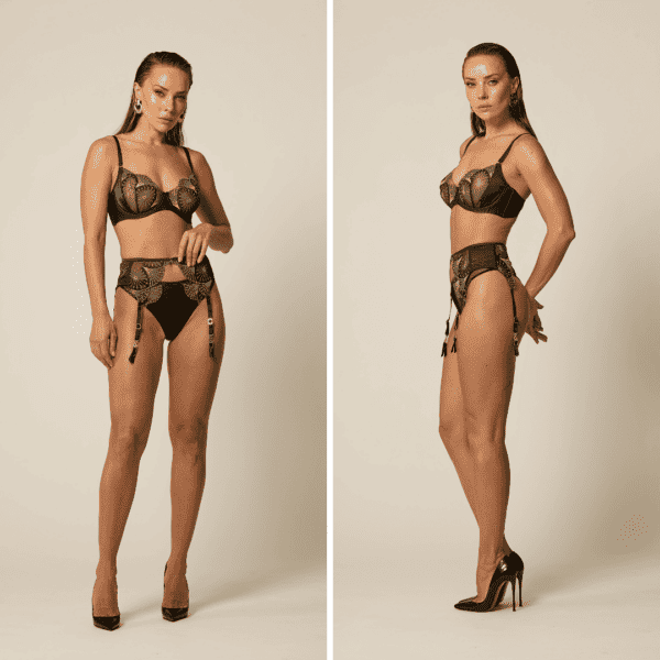 Woman standing front and back wearing Monarchy bra and Monarchy garter belts by Vixen & Fox, matched with black pumps. Peacock-inspired collection.