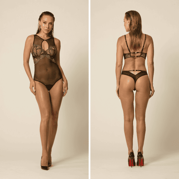 Standing woman, front and back, wearing the Monarchy bodysuit by Vixen & Fox, a peacock-inspired collection. She wears black pumps.