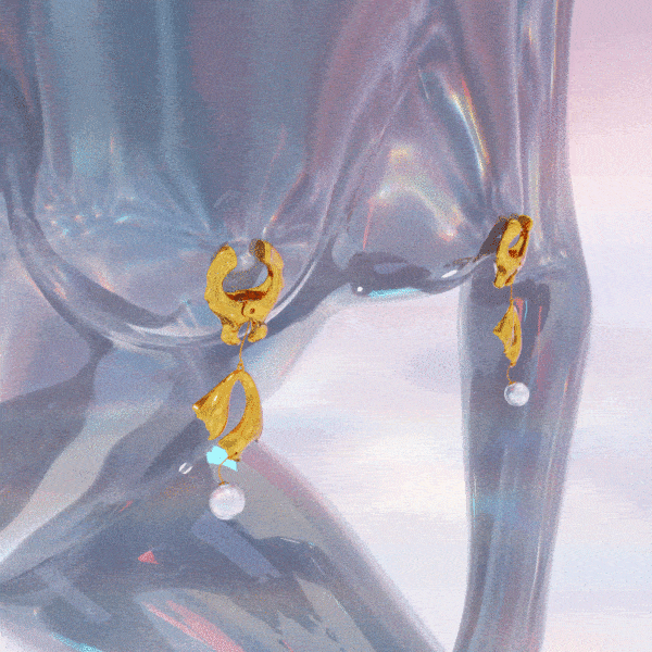 GIF des moist Eyes Pearl Nipple Clamps / pinces tétons, porté par une femme à la peau d’eau bleu holographique à genoux qui bouge