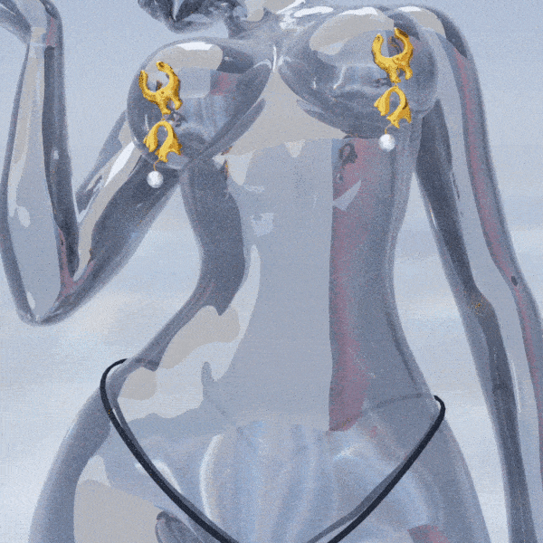 GIF de una mujer con piel azul holográfica vista desde abajo, lleva pinzas doradas para los pezones con perlas y un tanga con una perla.
