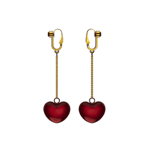 Packshot on white background of clitoral jewels with red heart-shaped cherry bells and gold chain and clasp