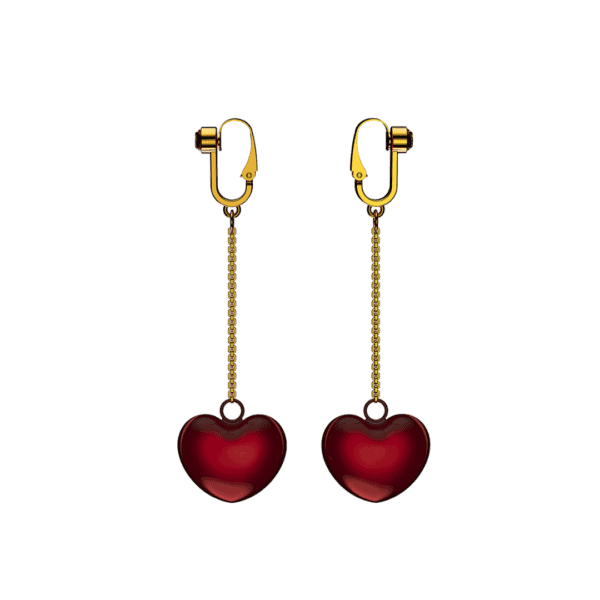 Foto sobre fondo blanco de joyas clitoridianas con cascabeles rojos en forma de corazón y cadena y cierre dorados