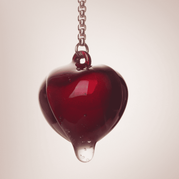 Packshot of red heart-shaped cherry with thick liquid on top nippies