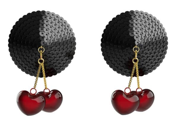 Packshot photograph on white background of cherry nippies with red heart-shaped bells and gold chain and hook and black glitter base.