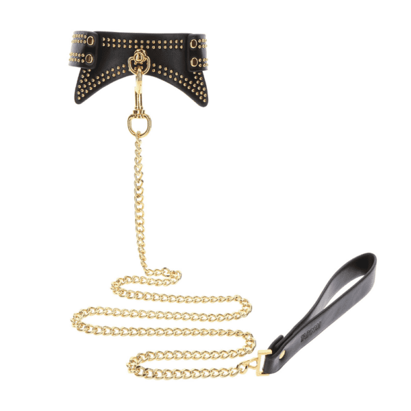 Halsband aus schwarzem Leder mit goldenen Details und einer Leine.