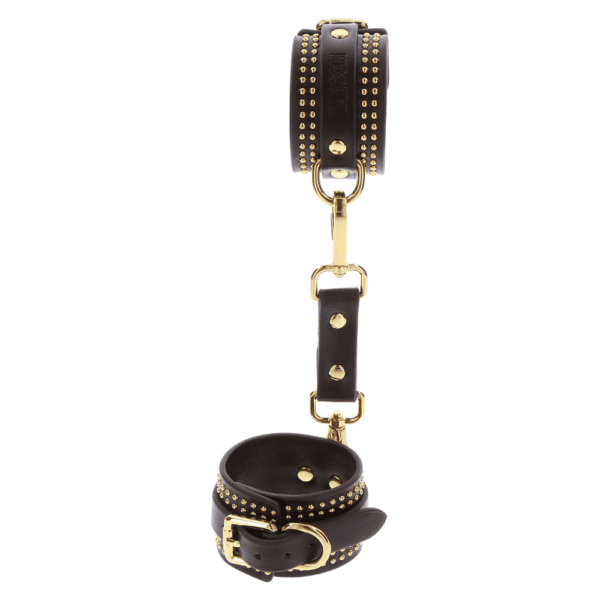Photo of black leather handcuffs with gold details.
